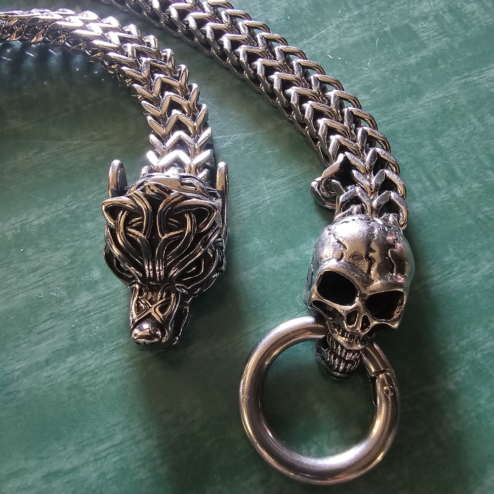 Silver Skull and Wolf Chain Bracelet
